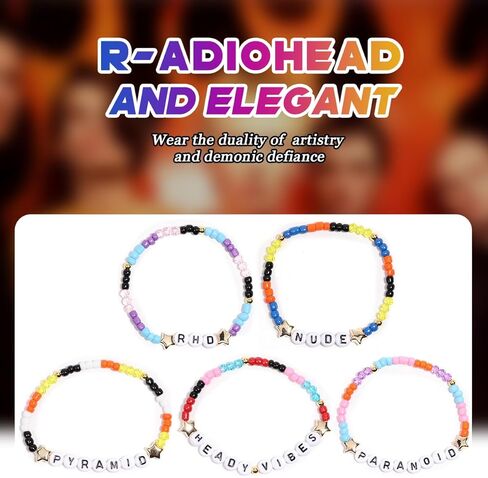 AICase for Radiohead Merch Gifts Inspired Bracelets 5 Pcs Stackable Stretch Beaded Friendship Bracelets Concert Outfit Vinyl Poster Sticker Merchandise Gifts for Fans Women Birthday Christmas in Saudi Arabia