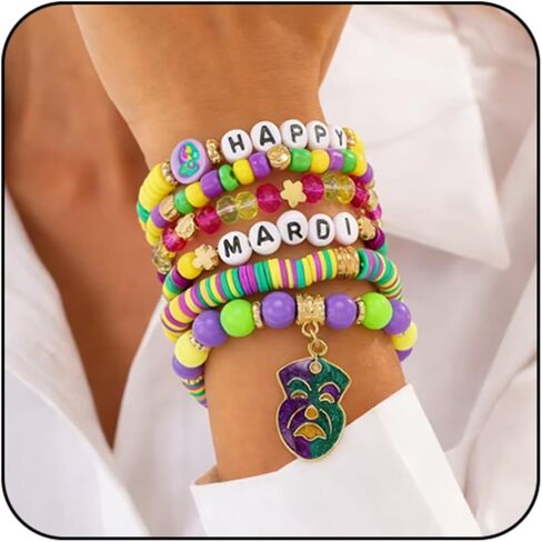 WCRAZYE Mardi Gras Bracelet for Women Purple Green Gold Fleur De Lis Feather Mask Crown Jester Hat Polymer Clay Beaded Stackable Strech Bracelet Carnival Accessory in Saudi Arabia