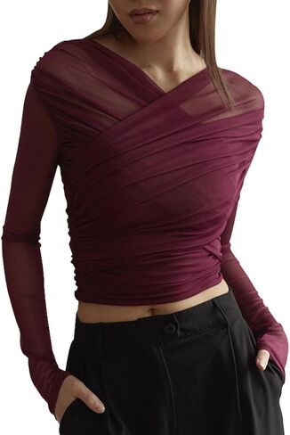 Women Mesh Ruched Crop Top Criss Cross V Neck T Shirt Long Sleeve See Through Blouse Pleated Sheer Y2k Slim Fit in Saudi Arabia