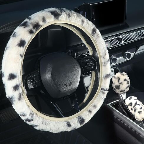 KAFEEK Fuzzy Car Steering Wheel Cover with Gear Shift Cover Handbrake Cover, Leopard Winter Warm Fluffy Car Accessories for Men Women, 3 PCS Set, White Leopard in Kuwait