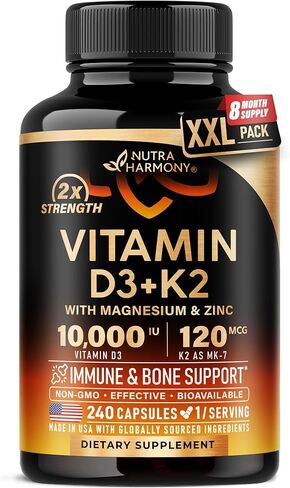 Vitamin D3 K2 - Vitamin D3 10000 iu & K2 as MK-7 120 mcg - Immune & Mood Support, for Bone & Teeth Health - with Magnesium, Zinc & Vitamin C & B12 - Highly Bioavailable - Made in USA, 120 Capsules in Kuwait