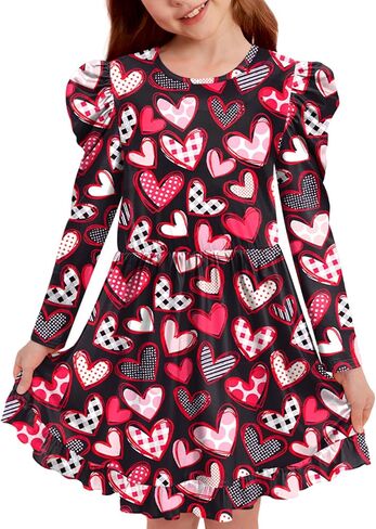BesserBay Girls Valentine's Day Heart Print Puff-Shoulder Midi Dress 2-10 Years in Kuwait