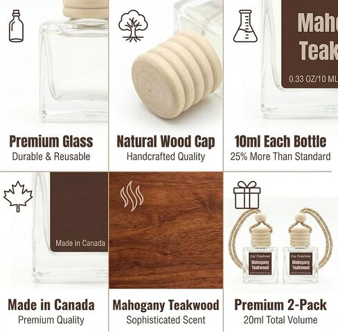معطر هواء للسيارة من خشب الماهوجني، موزع زجاجات زجاجية معلقة مع غطاء من الخشب الطبيعي، عطر تلقائي خشبي دافئ يدوم لمدة 6-8 أسابيع، صنع في كندا، 10 مل in Saudi Arabia