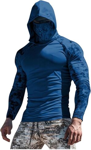 Fishing Shirts for Men with Hood & Face Mask - Mens Long Sleeve Sun Protection Hoodie Slim Fit Compression Muscle Shirt in Saudi Arabia