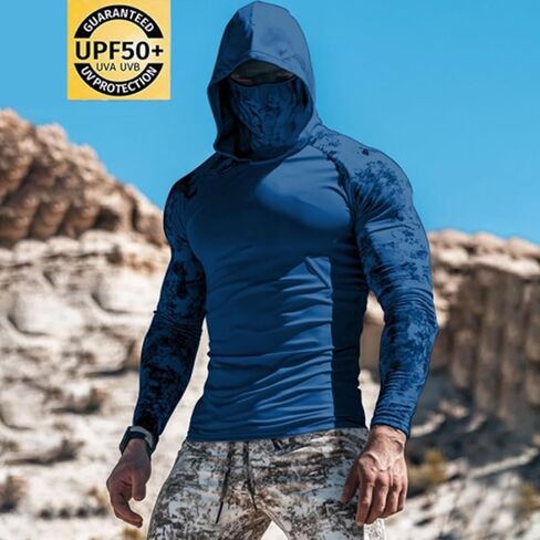 Fishing Shirts for Men with Hood & Face Mask - Mens Long Sleeve Sun Protection Hoodie Slim Fit Compression Muscle Shirt in Saudi Arabia