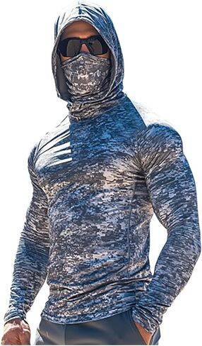 Fishing Shirts for Men with Hood & Face Mask - Mens Long Sleeve Sun Protection Hoodie Slim Fit Compression Muscle Shirt in Saudi Arabia