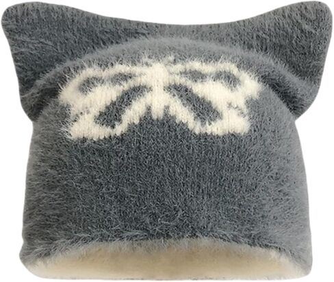 Cat Ear Beanie Y2K Hat, Women Girl Crochet Star Fluffy Fuzzy Winter Vintage Goth Aesthetic Knit Kawaii Emo Grunge Skull Cap in Kuwait