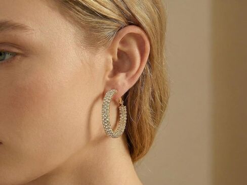 أقراط دائرية كبيرة من الذهب الأنيق بالكامل CZ، مجوهرات عصرية للنساء، أقراط دائرية لامعة فاخرة، مجوهرات راقية للولائم/الحفلات، إكسسوار أزياء متعدد الاستخدامات للاستخدام اليومي/المواعدة in Kuwait