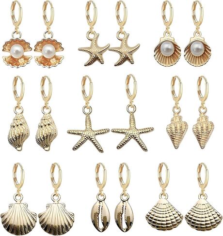 Dreuyet 9 Pairs Seashell Huggie Hoop Earrings for Women Charm 14K Gold Plated Cowrie Conch Clam Starfish Pearl Ocean Animal Earrings Bohemian Summer Beach Holiday Chic Jewelry Gifts ﻿ in Saudi Arabia