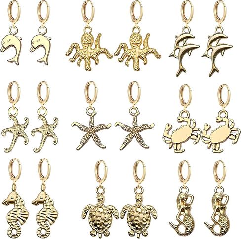 Dreuyet 9 Pairs Seashell Huggie Hoop Earrings for Women Charm 14K Gold Plated Cowrie Conch Clam Starfish Pearl Ocean Animal Earrings Bohemian Summer Beach Holiday Chic Jewelry Gifts ﻿ in Saudi Arabia