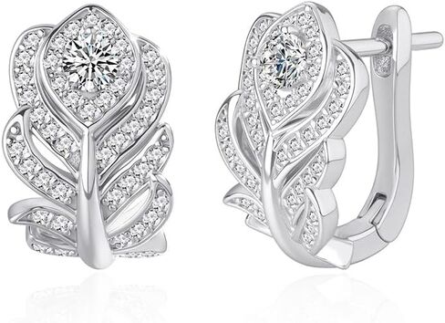 Zircon Feather Hoop Earrings for Women Crystal Geometric Small Huggie Hoops Cute Cartilage Wrap Cuffs Stud Earring Delicate Birthday Jewelry for Daughter Niece in Saudi Arabia