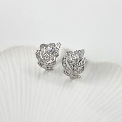 Zircon Feather Hoop Earrings for Women Crystal Geometric Small Huggie Hoops Cute Cartilage Wrap Cuffs Stud Earring Delicate Birthday Jewelry for Daughter Niece in Saudi Arabia