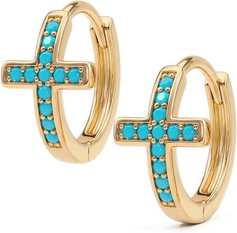 MYEARS Gold Cross Hoop Earrings for Women Trendy 14K Gold Plated Small Hoops Huggie Earrings White Cubic Zirconia Turquoise Minimalist Simple Christmas Christian Cross Jewelry Gifts in Saudi Arabia