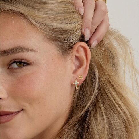 MYEARS Gold Cross Hoop Earrings for Women Trendy 14K Gold Plated Small Hoops Huggie Earrings White Cubic Zirconia Turquoise Minimalist Simple Christmas Christian Cross Jewelry Gifts in Saudi Arabia