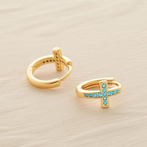 MYEARS Gold Cross Hoop Earrings for Women Trendy 14K Gold Plated Small Hoops Huggie Earrings White Cubic Zirconia Turquoise Minimalist Simple Christmas Christian Cross Jewelry Gifts in Saudi Arabia