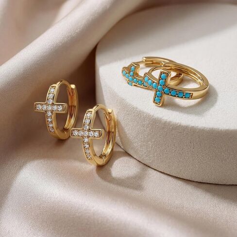 MYEARS Gold Cross Hoop Earrings for Women Trendy 14K Gold Plated Small Hoops Huggie Earrings White Cubic Zirconia Turquoise Minimalist Simple Christmas Christian Cross Jewelry Gifts in Saudi Arabia