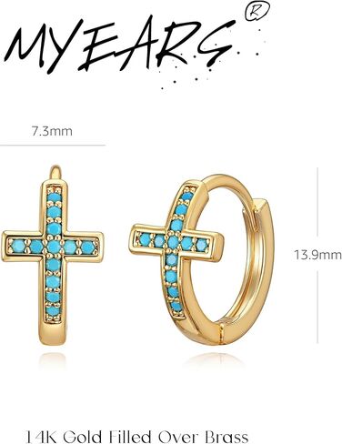 MYEARS Gold Cross Hoop Earrings for Women Trendy 14K Gold Plated Small Hoops Huggie Earrings White Cubic Zirconia Turquoise Minimalist Simple Christmas Christian Cross Jewelry Gifts in Saudi Arabia