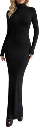 OYOANGLE Women's High Slit Open Back Bodycon Dress Long Sleeve High Neck Cocktail Long Dresses in Saudi Arabia