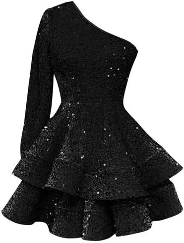 One Shoulder Homecoming Dresses for Teens Sparkly Sequin Short Prom Dress Long Sleeve Tiered Mini Party Gowns in Saudi Arabia