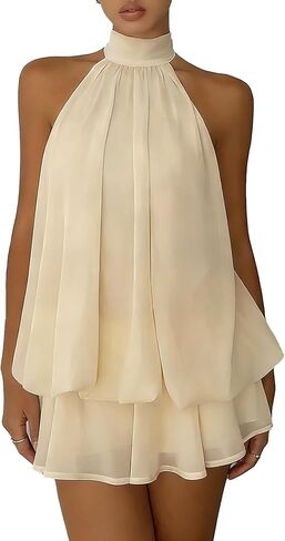 Women's Halter Neck Chiffon Mini Dress Flowy Layered Sleeveless Shift Dress in Saudi Arabia