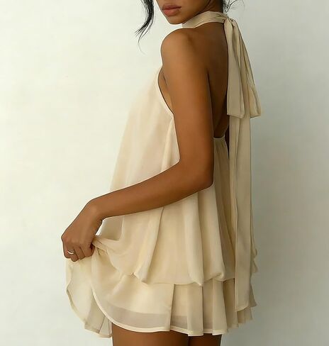 Women's Halter Neck Chiffon Mini Dress Flowy Layered Sleeveless Shift Dress in Saudi Arabia