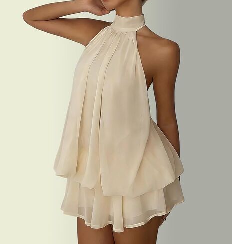 Women's Halter Neck Chiffon Mini Dress Flowy Layered Sleeveless Shift Dress in Saudi Arabia