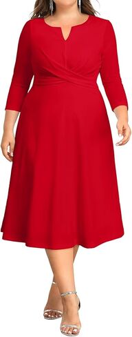 Plus Size Red Dress Midi Fall Church Cocktail Wedding Guest Semi Formal 3/4 Sleeve A-line Dresses Women in Saudi Arabia