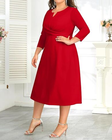 Plus Size Red Dress Midi Fall Church Cocktail Wedding Guest Semi Formal 3/4 Sleeve A-line Dresses Women in Saudi Arabia