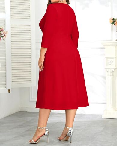 Plus Size Red Dress Midi Fall Church Cocktail Wedding Guest Semi Formal 3/4 Sleeve A-line Dresses Women in Saudi Arabia