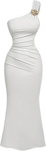SOLY HUX Women's Wedding Guest Dress One Shoulder Sleeveless Ruched Fishtail Bodycon Cocktail Party Evening Long Dresses in Saudi Arabia