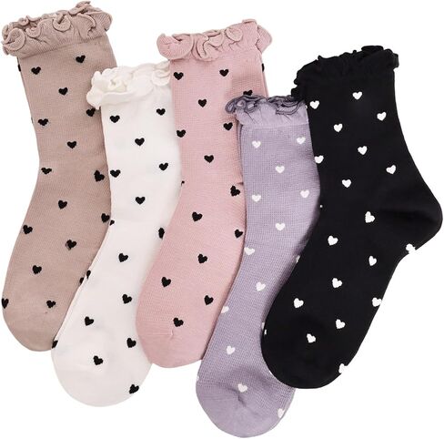 5 Pack Womens Socks Ruffle Casual Ankle Socks Polka Dot Striped Heart Patterned Cool Cotton Knit Lettuce Crew Sock for Women in Kuwait