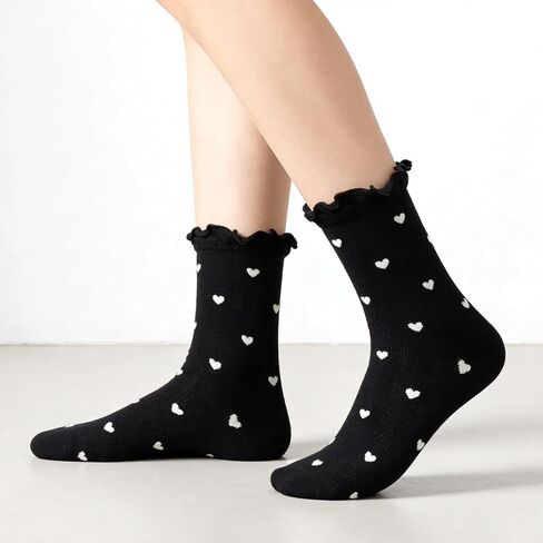 5 Pack Womens Socks Ruffle Casual Ankle Socks Polka Dot Striped Heart Patterned Cool Cotton Knit Lettuce Crew Sock for Women in Kuwait