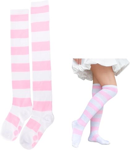 Pink Striped Thigh High Socks with Cat Paw Print, Kawaii Over Knee Stockings for Women & Girls, Soft Cotton Anime Inspired Cosplay & Daily Wear Socks in Saudi Arabia
