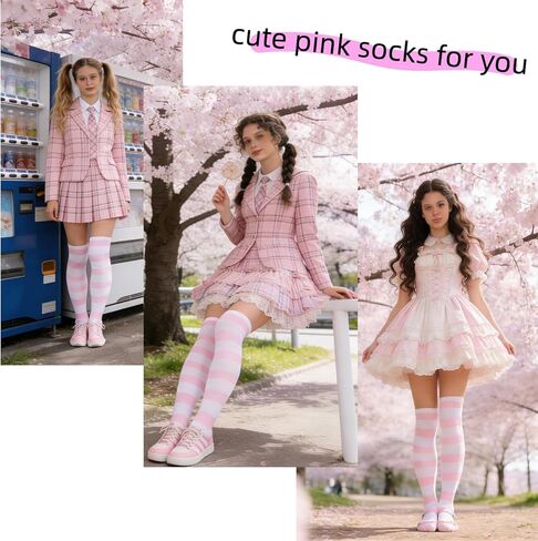 Pink Striped Thigh High Socks with Cat Paw Print, Kawaii Over Knee Stockings for Women & Girls, Soft Cotton Anime Inspired Cosplay & Daily Wear Socks in Saudi Arabia
