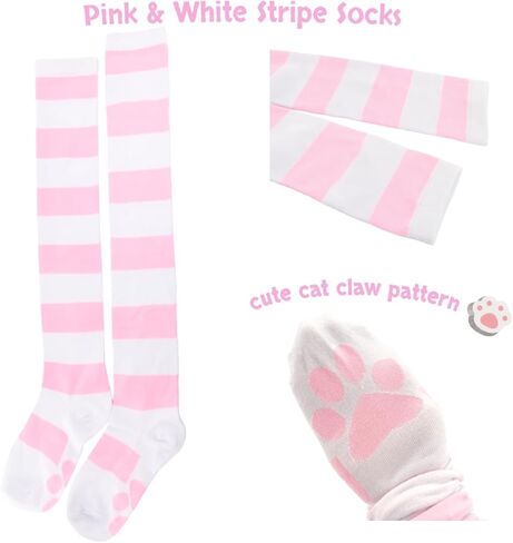 Pink Striped Thigh High Socks with Cat Paw Print, Kawaii Over Knee Stockings for Women & Girls, Soft Cotton Anime Inspired Cosplay & Daily Wear Socks in Saudi Arabia