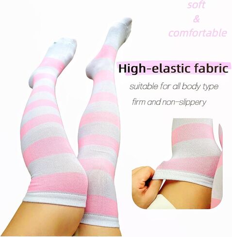 Pink Striped Thigh High Socks with Cat Paw Print, Kawaii Over Knee Stockings for Women & Girls, Soft Cotton Anime Inspired Cosplay & Daily Wear Socks in Saudi Arabia