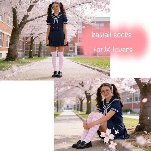 Pink Striped Thigh High Socks with Cat Paw Print, Kawaii Over Knee Stockings for Women & Girls, Soft Cotton Anime Inspired Cosplay & Daily Wear Socks in Saudi Arabia