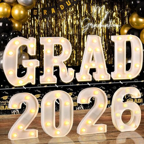 ديكورات التخرج 2026، 8 قطع سرادق تضيء حرف Grad 2026، قطع مركزية للتخرج للطاولة، فئة 2026 ديكورات للمدرسة الثانوية الجامعية، ديكور حفلات التخرج المضاء in Kuwait