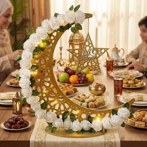 Novabright 27.5 in Eid Mubarak Stand Moon Light Decor LED Large Ramadan Lanterns Decorations Lighted Moon Shaped Wreaths for Muslim Home Office Bedroom Floor Yard Lawn Islamic Outdoor Decor in Kuwait