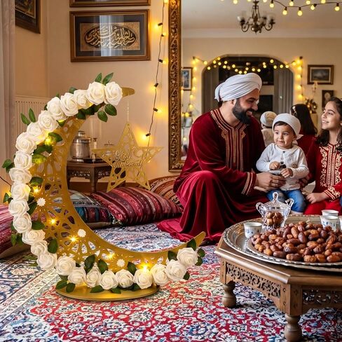 Novabright 27.5 in Eid Mubarak Stand Moon Light Decor LED Large Ramadan Lanterns Decorations Lighted Moon Shaped Wreaths for Muslim Home Office Bedroom Floor Yard Lawn Islamic Outdoor Decor in Kuwait