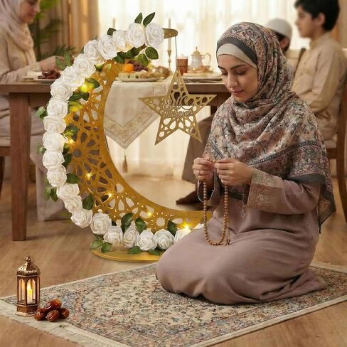 Novabright 27.5 in Eid Mubarak Stand Moon Light Decor LED Large Ramadan Lanterns Decorations Lighted Moon Shaped Wreaths for Muslim Home Office Bedroom Floor Yard Lawn Islamic Outdoor Decor in Kuwait