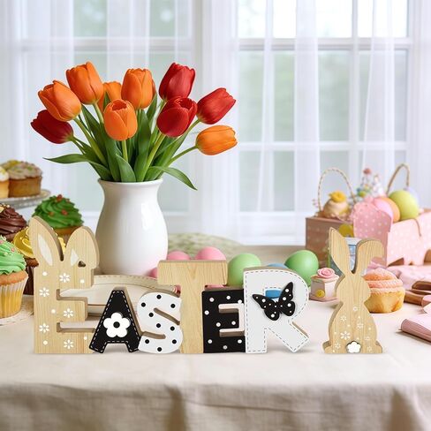 Easter Decorations for Home Wooden Bunny Tabletop Decor Rustic Easter Wooden Table Signs for Tiered Tray Mantle Shelf Office Indoor Spring Holiday in Saudi Arabia