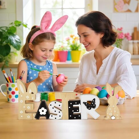 Easter Decorations for Home Wooden Bunny Tabletop Decor Rustic Easter Wooden Table Signs for Tiered Tray Mantle Shelf Office Indoor Spring Holiday in Saudi Arabia