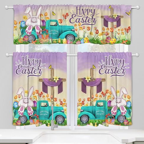 Easter Kitchen Curtains 3 Piece Set, Easter Decoration for the Home Indoor Kitchen, Bunny Truck Farmhouse Curtain and Valances Set 36'' Purple Green Short Window Curtain over Sink Window Decor in Saudi Arabia