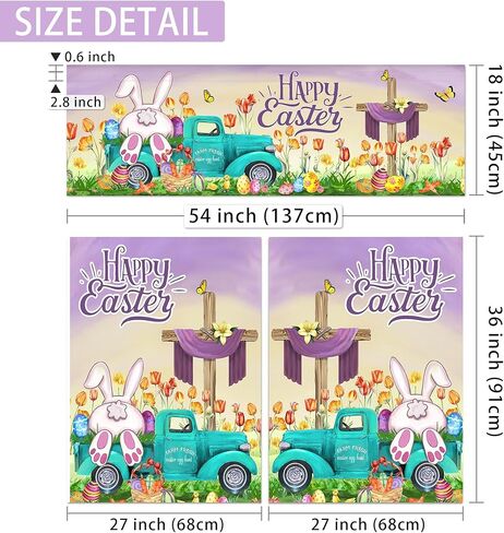 Easter Kitchen Curtains 3 Piece Set, Easter Decoration for the Home Indoor Kitchen, Bunny Truck Farmhouse Curtain and Valances Set 36'' Purple Green Short Window Curtain over Sink Window Decor in Saudi Arabia