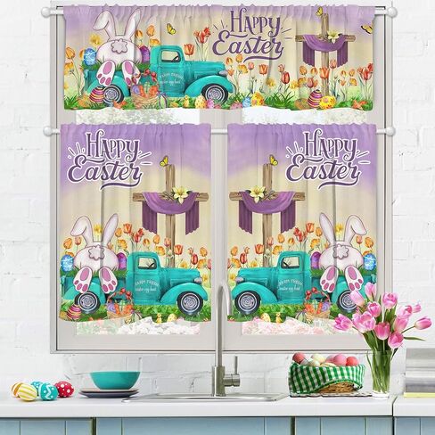 Easter Kitchen Curtains 3 Piece Set, Easter Decoration for the Home Indoor Kitchen, Bunny Truck Farmhouse Curtain and Valances Set 36'' Purple Green Short Window Curtain over Sink Window Decor in Saudi Arabia