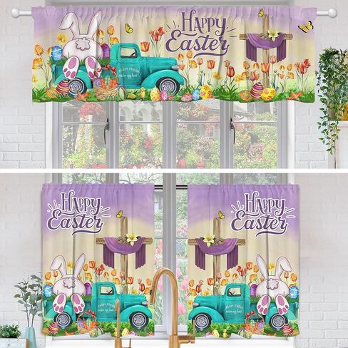 Easter Kitchen Curtains 3 Piece Set, Easter Decoration for the Home Indoor Kitchen, Bunny Truck Farmhouse Curtain and Valances Set 36'' Purple Green Short Window Curtain over Sink Window Decor in Saudi Arabia