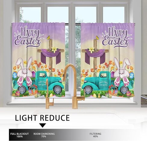 Easter Kitchen Curtains 3 Piece Set, Easter Decoration for the Home Indoor Kitchen, Bunny Truck Farmhouse Curtain and Valances Set 36'' Purple Green Short Window Curtain over Sink Window Decor in Saudi Arabia