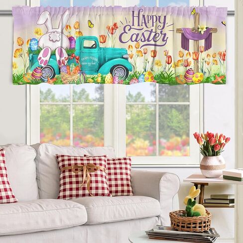 Easter Kitchen Curtains 3 Piece Set, Easter Decoration for the Home Indoor Kitchen, Bunny Truck Farmhouse Curtain and Valances Set 36'' Purple Green Short Window Curtain over Sink Window Decor in Saudi Arabia