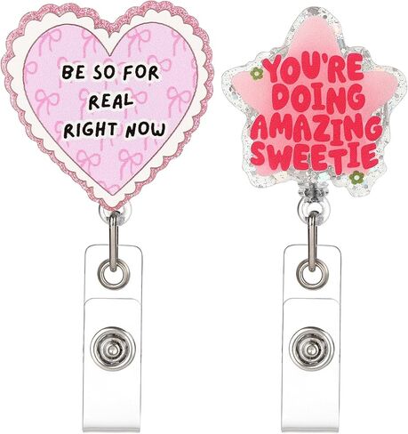 Cute and Funny Nurse Badge Reel 2-Pack with Quotes Such as Be so for Real Right Now and You're Doing Amazing Sweetie, Pink ID Badge Holder Retractable Clip for Women, Nurse Gifts in Saudi Arabia